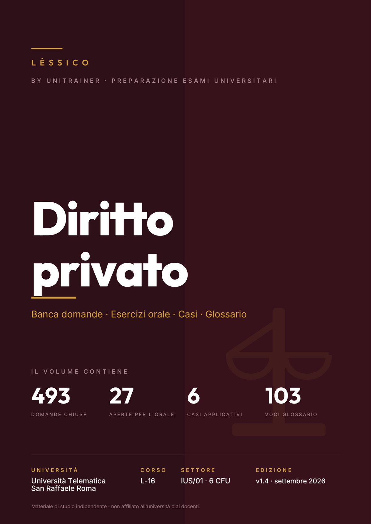 Lèssico · copertina di Diritto privato — L-16 Scienze dell'Amministrazione e dell'Organizzazione — San Raffaele (ed. 1.4)