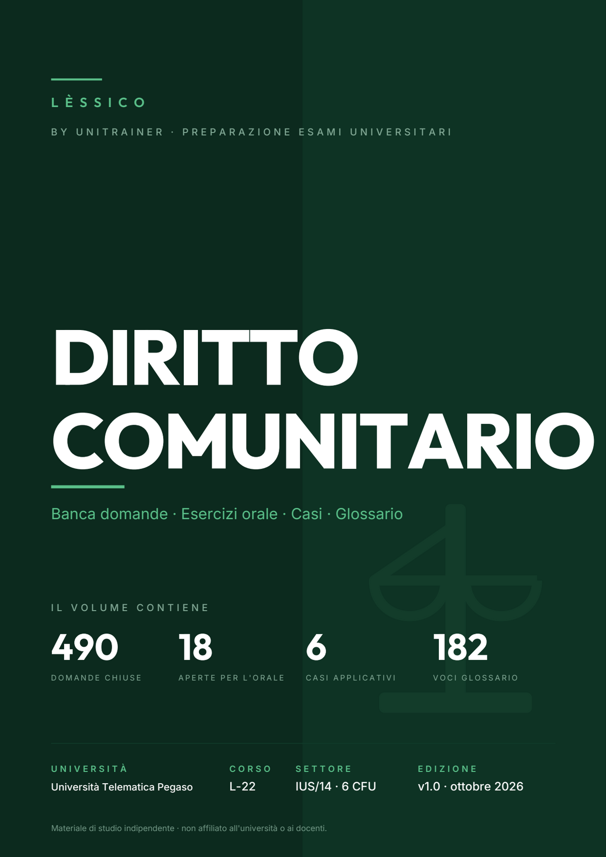 Lèssico · copertina di Diritto comunitario — L-22 Scienze Motorie — Pegaso (ed. 1.0)